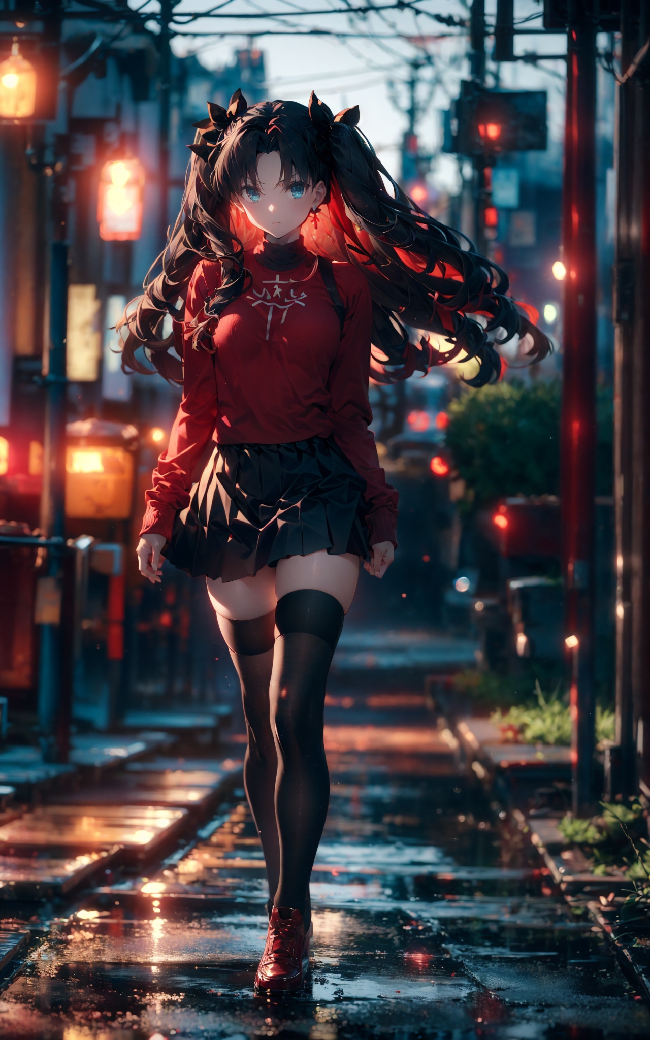 606247209521969536-2179467548-blurry background，_Rin Tohsaka，1gir，tohsaka rin，solo，long hair，brown hair，black thighhighs，blue eyes，_pleated skirt，two side up，.jpg